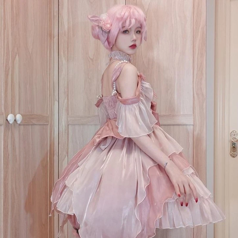 

Pink Lolita JSK Dress Women Summer Vintage Gothic Ruffles Sleeveless Sweet Bow Princess pettiskirt Cross dresser Sissy COS Dress