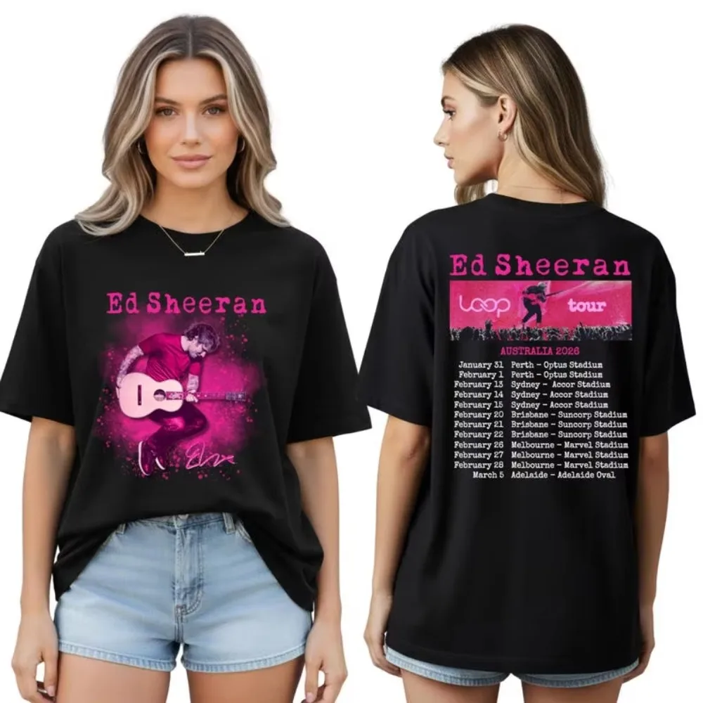 Camiseta de Algodão Vintage Ed Sheeran Loop Tour Concert para Mulheres e Homens, Camisetas Casuais Engraçadas para Presentes de Fãs, Tour Australiano 2026, Camiseta do Cantor