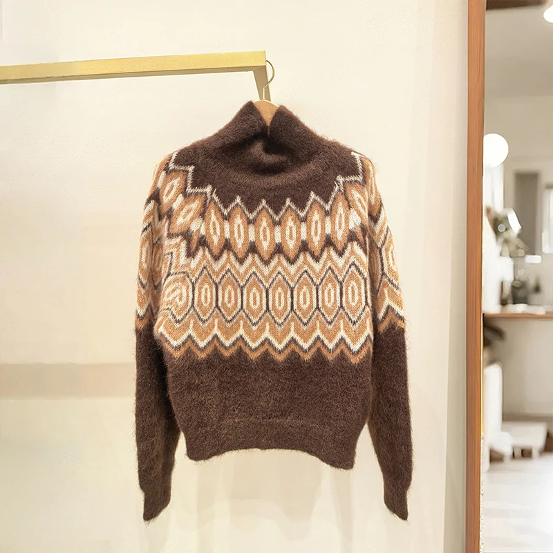 

Модный ретро-свитер с геометрическим узором и высоким воротником, женский пуловер с длинными рукавами, пушистый, теплый, осенне-зимний, термотоп