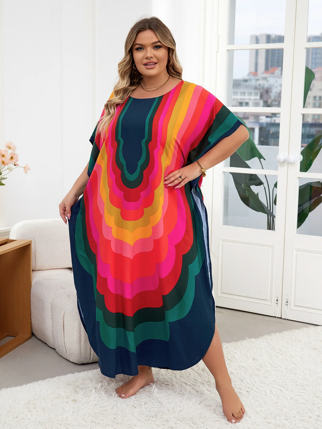 LORYLEI Plus Size kolorowe kobiety Kaftan długa sukienka dla kobiet 2024 letnie casual z okrągłym dekoltem rękaw w kształcie skrzydła nietoperza