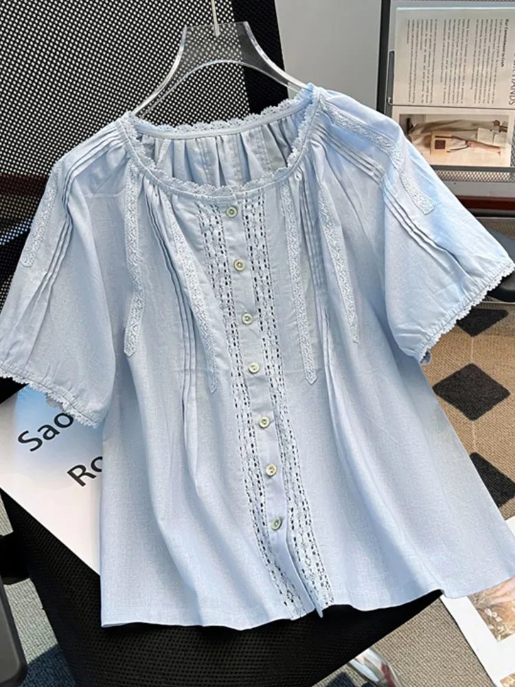 

Heavy Embellied Lace Splice ort Sve irt Women's Loose Slimming Top Korean Sle Commute Faion Button Detail