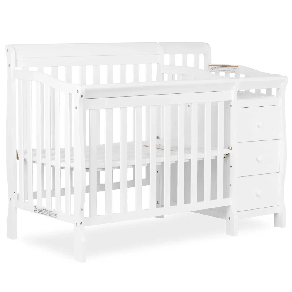 2023 New 4-in-1 Mini Convertible Crib and Changer in White,Non-Toxic Finish, New Zealand Pinewood