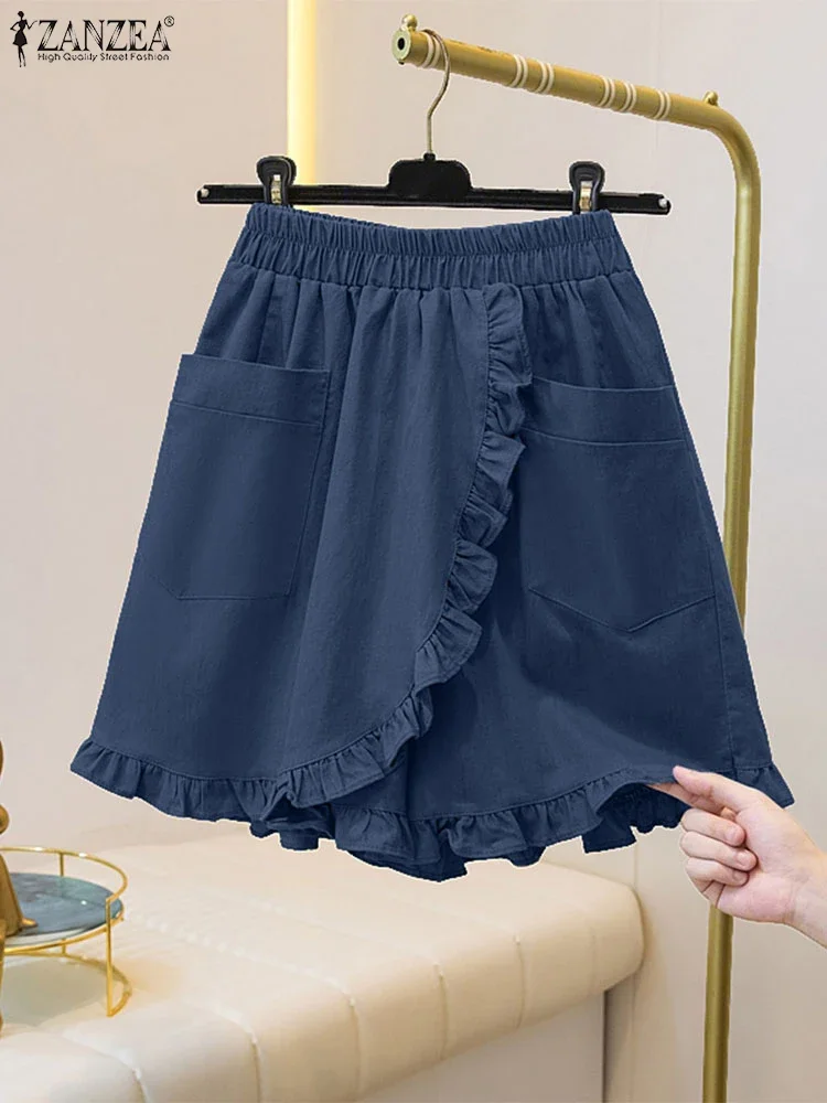 

ZANZEA модные женские шорты женские летние шорты с рюшами 2025 элегантные карманы эластичные однотонные брюки с высокой талией корейские штаны