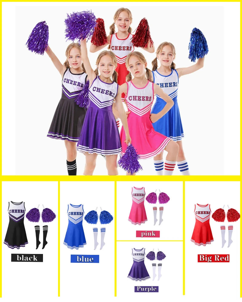 Uniforme da cheerleader per adulti, uniforme della squadra di calcio per bambini senza maniche a cinque colori, uniforme da spettacolo per bambini, calzini da donna