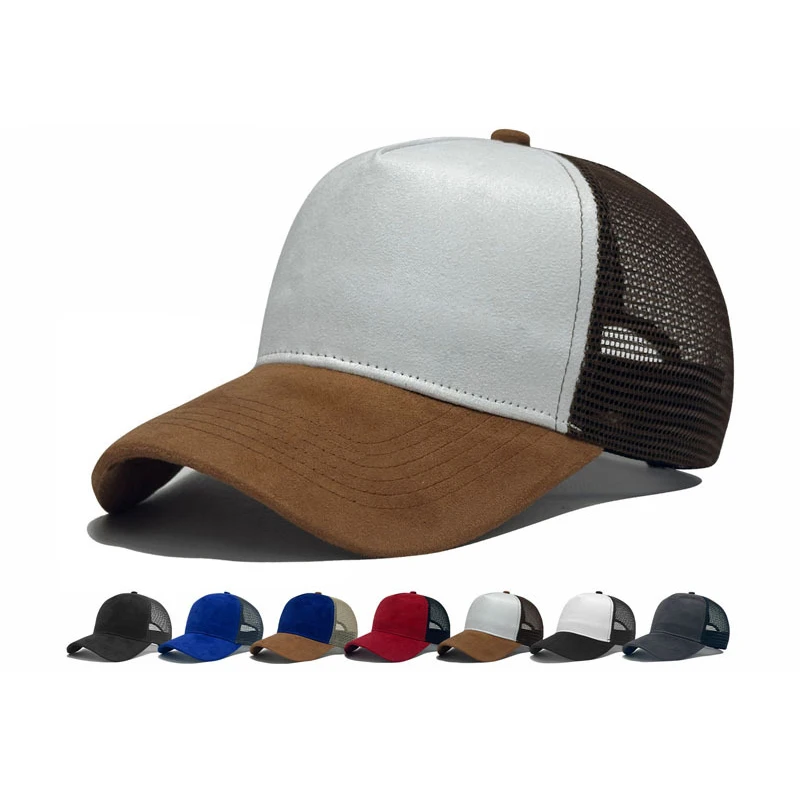 Custom Logo Suede Mesh Trucker Cap Men Summer Outdoor Sun Protection Breathable 5 Panel Baseball Cap Adjustable Snapback Sunshad