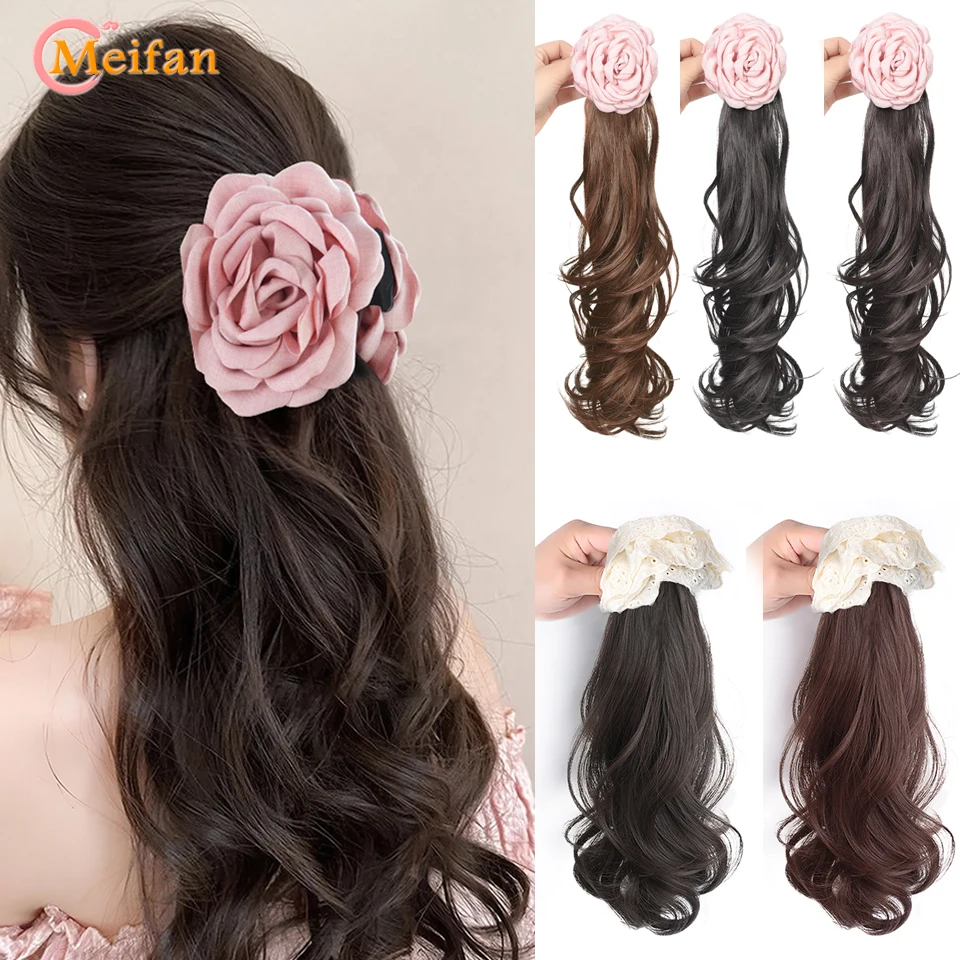 MEIFAN Syntheitc Long Wavy Curly Claw Clip On Ponytail Hair Extension Ponytail Extension For Women Natural Fake Hairpiece