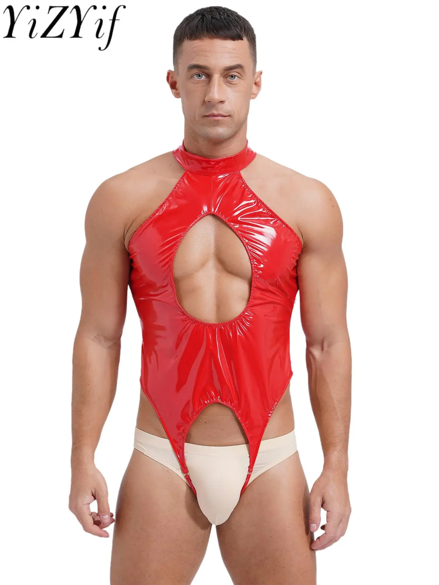 

Men Sexy Crotchless Bodysuit Wet Look Patent Leather Leotard Jumpsuit for Rave Party Nightclub Pole Dancing Stage Performance