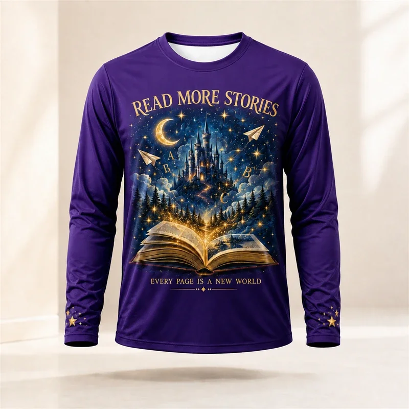 Mens Fantasy Magic Castle Book Print Long Sleeve T-Shirt Starry Sky Graphic Crew Neck Casual Literary Reading Theme Novelty Tops
