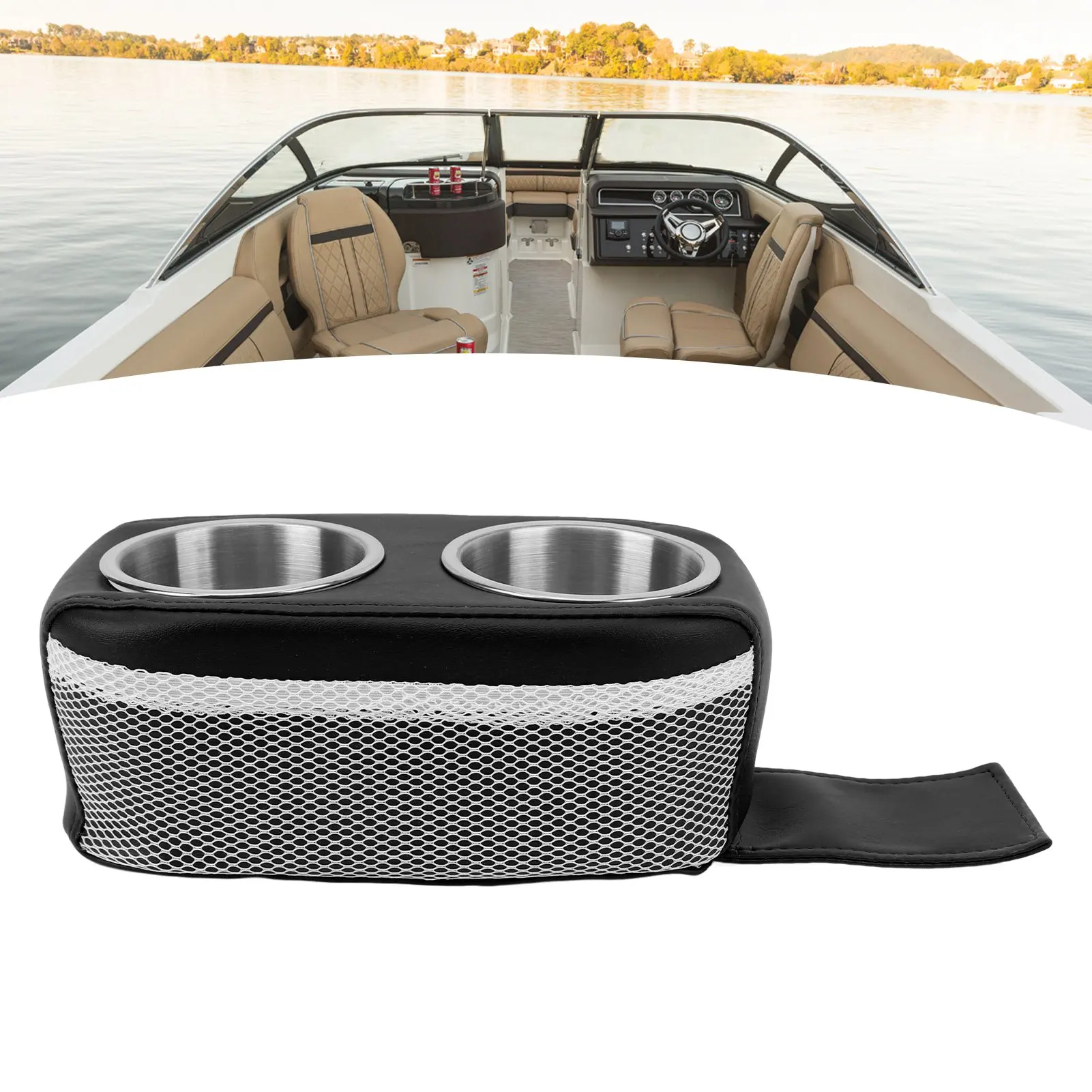 Pontoon Cup Holder with Double Stainless Steel Cupholder Portable Stable Universal for Boat Yacht RV Car Black