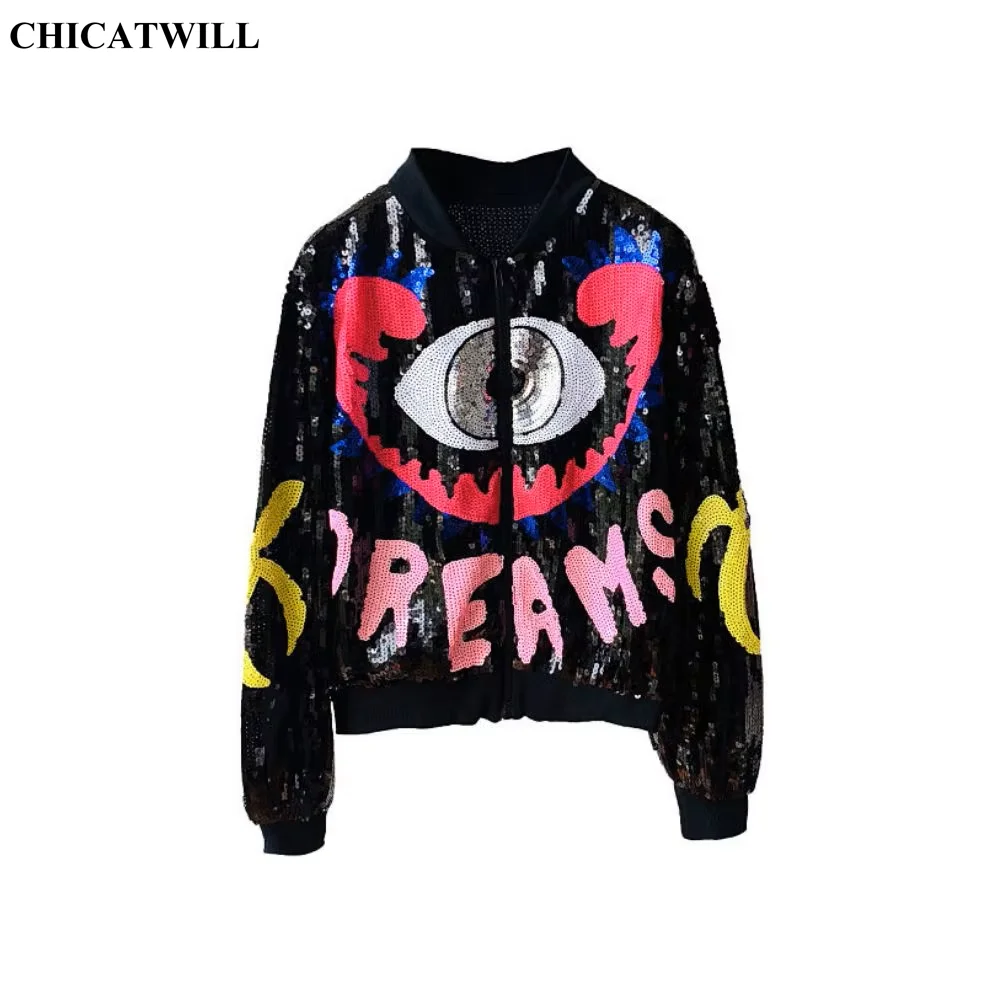 CHIC Ins-ropa de calle Punk con ojos de dibujos animados para mujer, chaqueta con lentejuelas ostentosas, estilo Hip Hop, Bomber de béisbol colorido con cremallera, prendas de vestir exteriores para espectáculo