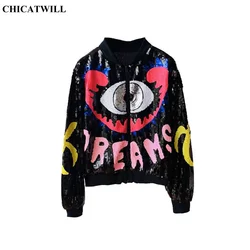 CHIC Ins Streetwear Punk Cartoon Eye Bling Sequined Women Jacket Hip Hop Girl Colorful Baseball Bomber Zipper Top Show Outerwear