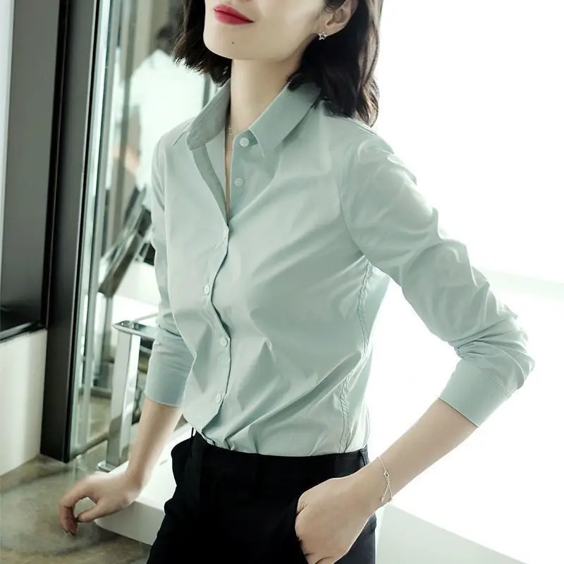 2024 Spring and Autumn Korean Commuter Minimalist and Versatile Blouses Long Sleeve Slim Solid Color Collar Women\'s Shirt Top