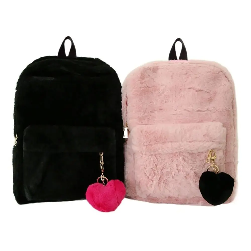 Heart Pendant Women's Fur Backpack Pink Black Large Capacity Winter Plush Bag Faux Fur Soft Cute Student Schoolbags Travel Use