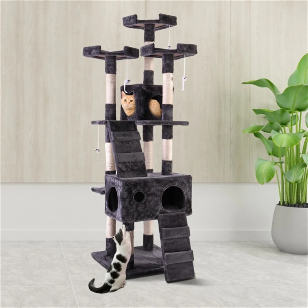 

67'' Multi-Level Cat Tree Tower, Kitten Condo House with Scratching Posts, Kitty Play Activity Center, Gray