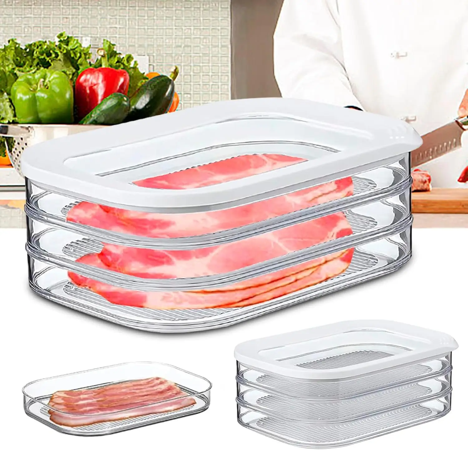 

Meat Container For Fridge, 2024 New Bacon Lunch Meat Container for Refrigerator, Meal Prep Containers, Stackable Food Boxes wit