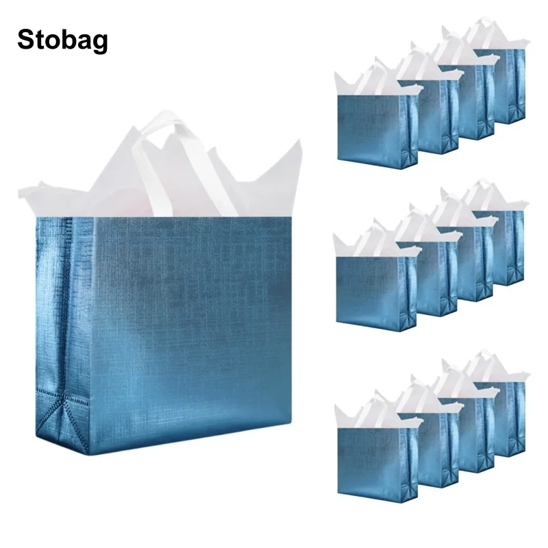 

StoBag 25pcs Blue Sliver Non-woven Tote Bags Gift Packaging Shopping Waterproof Portable Fabric Reusable Pouch Party Favors