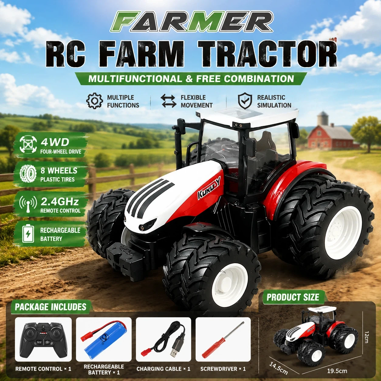 Large RC Farmer Engineering Truck 2.4G 6 Channel Remote Control Tractor Loader Electric Rechargeable Farm Vehicle Model