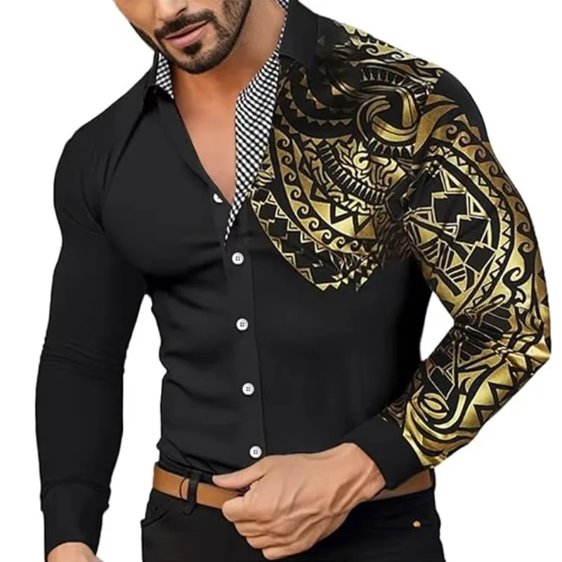 Patchwork Fashion Golden Stamp Print Shirt Men Button Up African Tops Long Sleeves Stand Collar Casual Work Business Dress Shirt