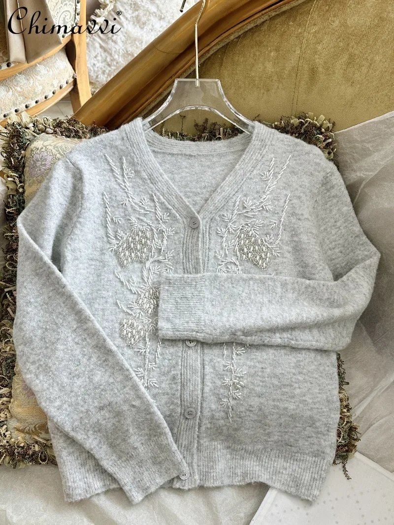 

Autumn Winter New Fashion Light Gray Thin Sweater Coat Heavy Embroidery Women Slim Long Sleeve Elegant Retro Knitted Cardigan