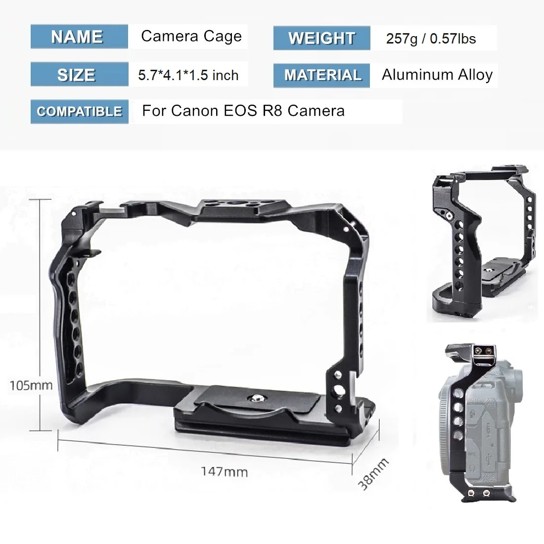 Protective Frame Camera Cage for Canon EOS R8 with Arca Base,Cold Shoe,Strap Slot,1/4 3/8 in Screw Hole, for Vlog Video Shooting