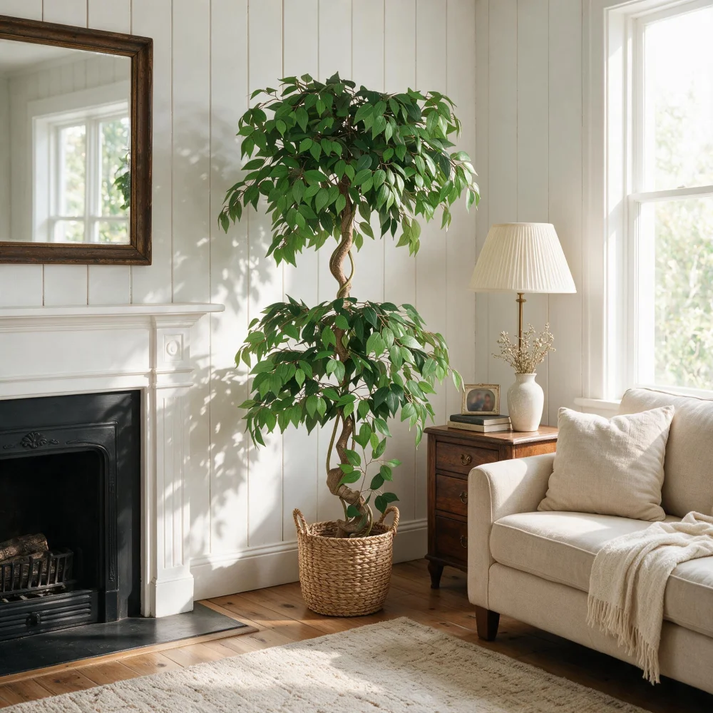 6FT Artificial Ficus Tree with White Pot, 182.9cm Tall Faux Indoor Plant, Realistic Green Leaves, Adjustable Branches, No Watering, Modern Living Room Home Office and Covered Outdoor Decor, 1 Piece