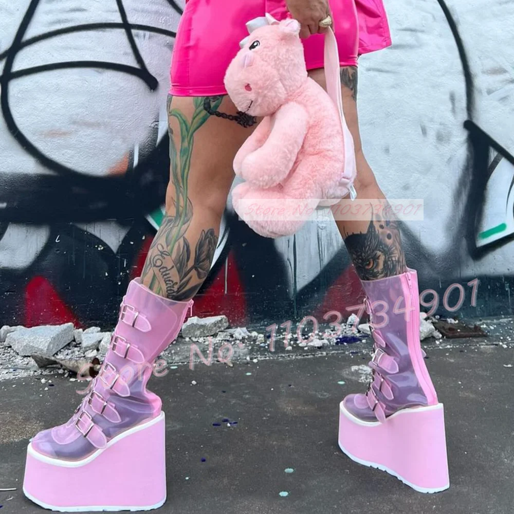 Heart Translucent Thick Sole Boots Ladies Mid Calf Round Toe Zipper Platform Shoes Women Lovely Sweet Trendy Large Size Boots