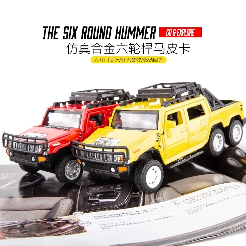 1:32 Hummer Pickup pressofuso in lega di metallo modello di auto tirare indietro lampeggiante veicoli giocattolo musicali per bambini regalo