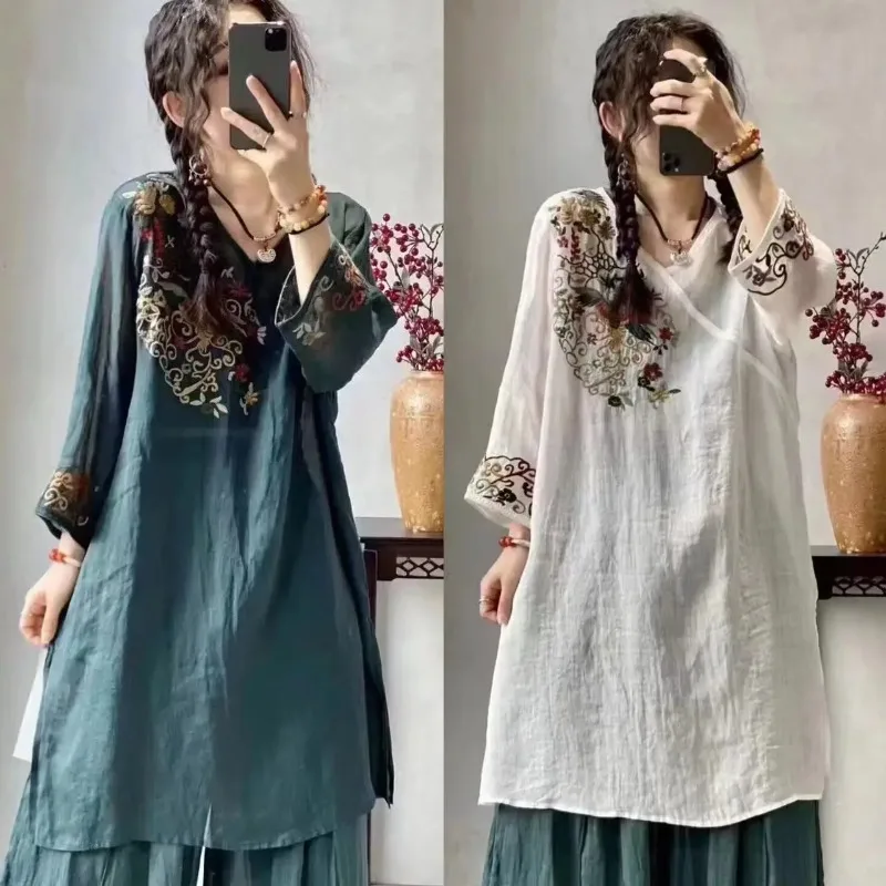 

Новинка 2023 года, китайское улучшенное платье Cheongsam с тяжелой вышивкой в этническом стиле, хлопковое платье из конопли средней длины, летнее винтажное платье чайного искусства