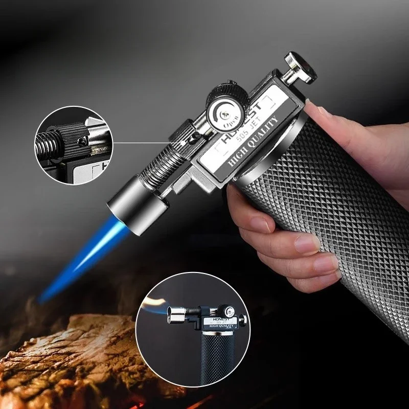 HONEST Creative Double Flame Welding Gun Gas Lighter Safety Lock Switch Jet Fire Open Fire Switching BBQ Kitchen Cigar Lighters