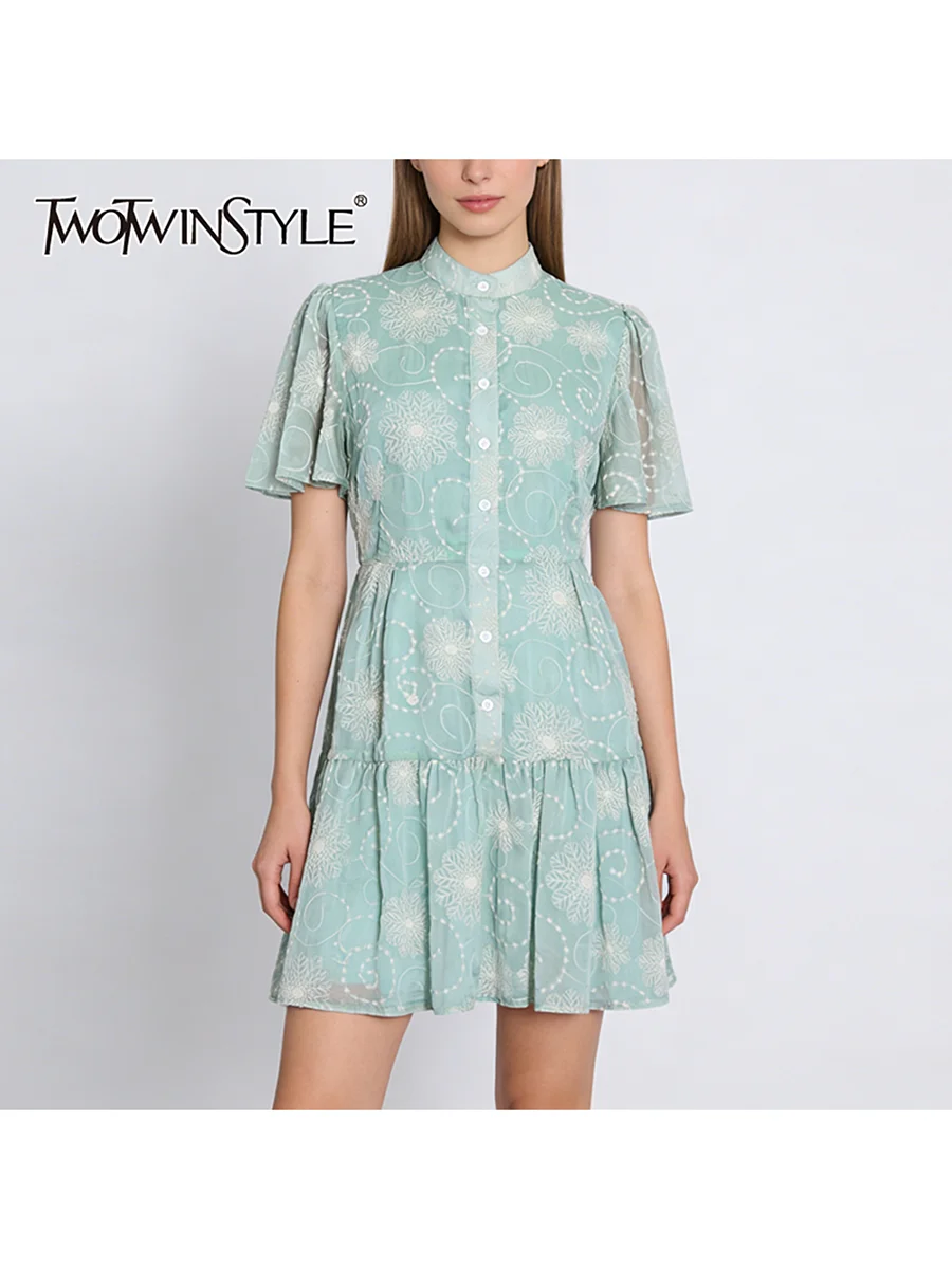 TWOTWINSTYLE Fashion Sheer Spliced Buttons Vintage Dress for Women O Neck Short Sleeves Tunic Patchwork Ruched Dresses Female