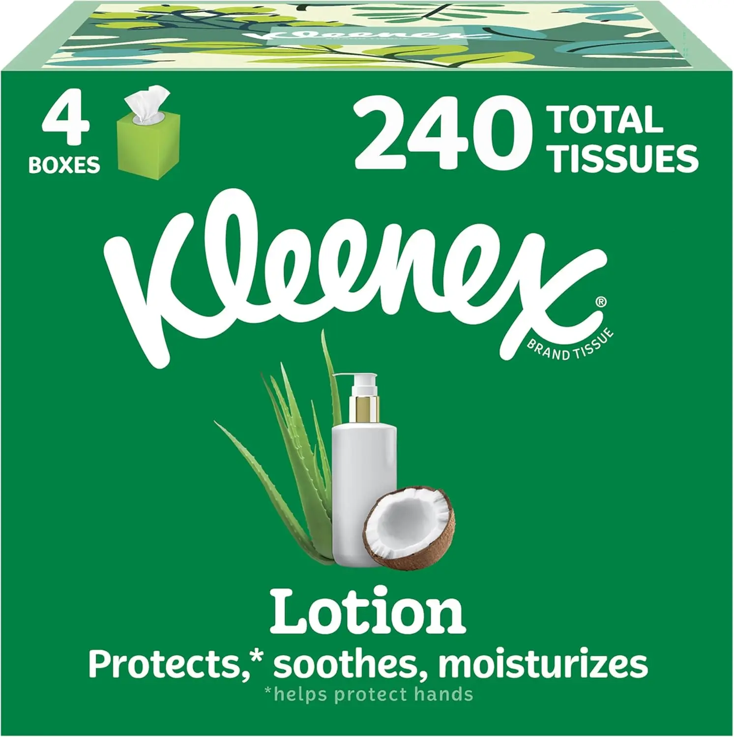 

Lotion Facial Tissues with Coconut Oil & Aloe, 4 Cube Boxes, 60 Tissues Per Box, 3-Ply, 240 Total