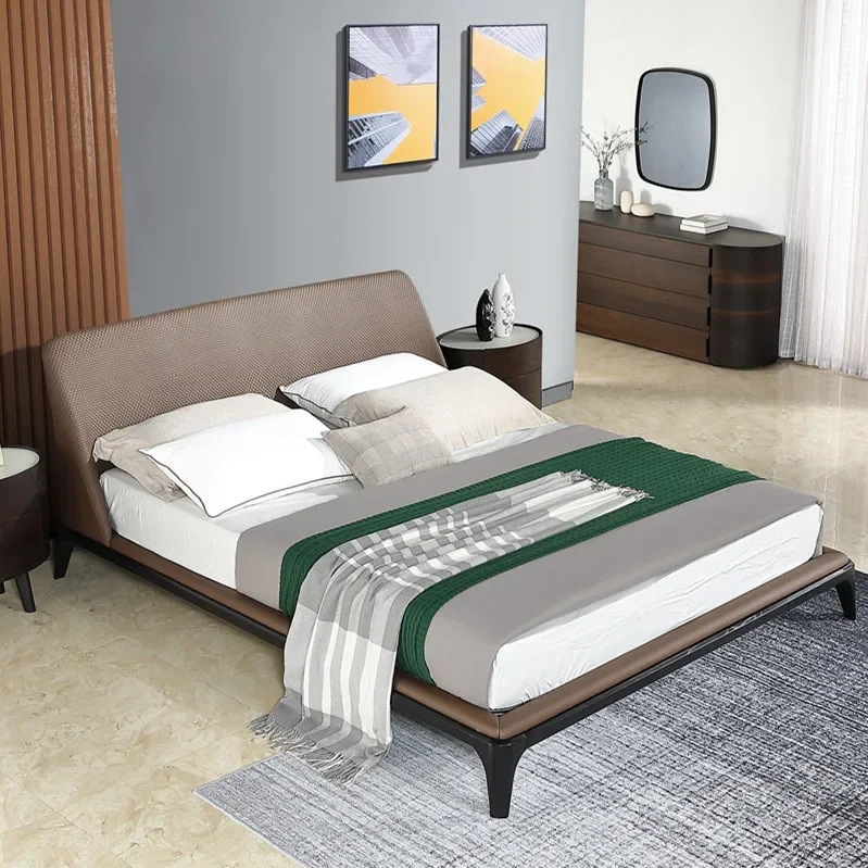 Italian minimalist designer leather ash wood modern simple first-layer cowhide bed light luxury master bedroom wedding bed