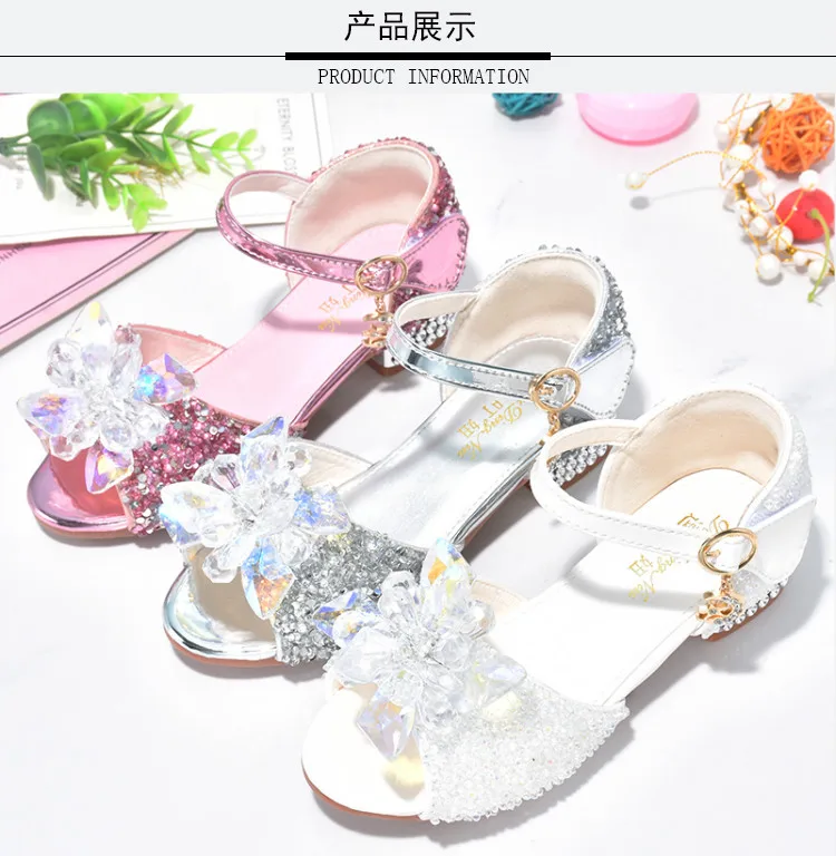 Sandalias con diamantes para niña, zapatos informales de princesa con flores, tacón alto, purpurina, suela suave, para fiesta y baile