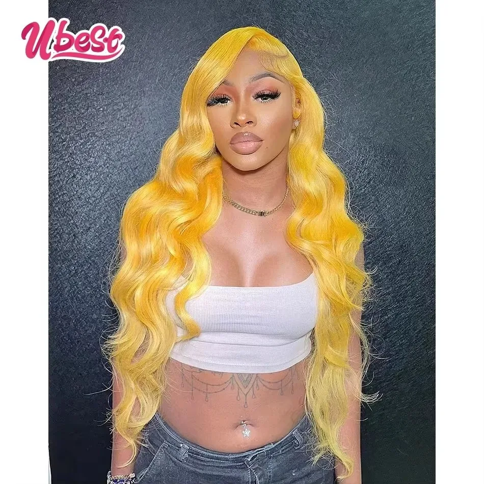 Ubest couleur jaune vague de corps 13x6 dentelle avant perruques brésilien 100 cheveux humains Transparent 250 sans colle perruque pré plumée pour les femmes