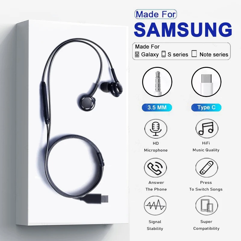 

For Samsungs Original Type C With Wired Earphones Galaxy S25 S24 S23 S22 S21 Ultra iPhone 16 17 Xiaomi Earbuds 3.5 MM Headphones