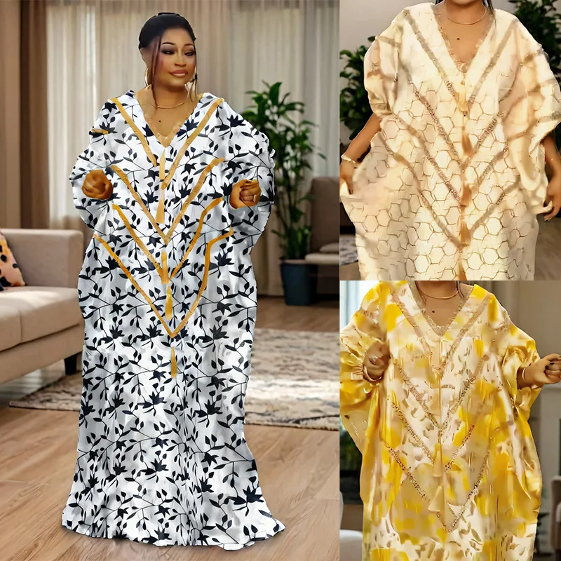 Vestido estampado plus size estilo étnico africano. Vestido com mangas morcego e decote em V grande para mulheres da Arábia Saudita e Dubai