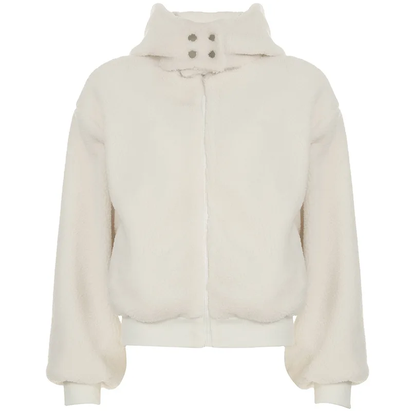 Autumn and winter coat pure white casual lazy style lamb wool top fashionable zipper short cardigan loose sweatshirt