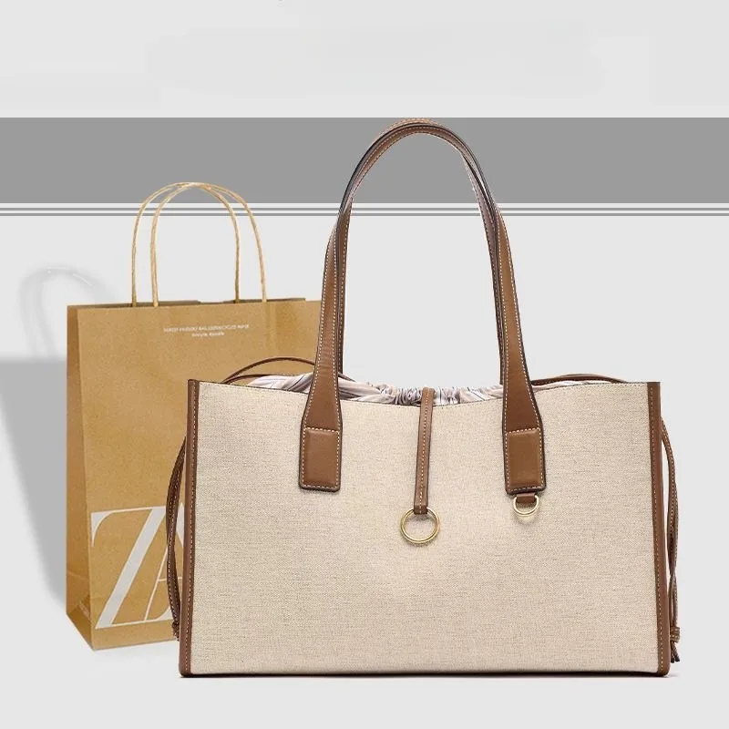 JIAERDI Beige Color Blocking Tote Bag Women Vintage Canvas Large Capacity Shoulder Bag Ladies Casual Everyday Drawstring Handbag