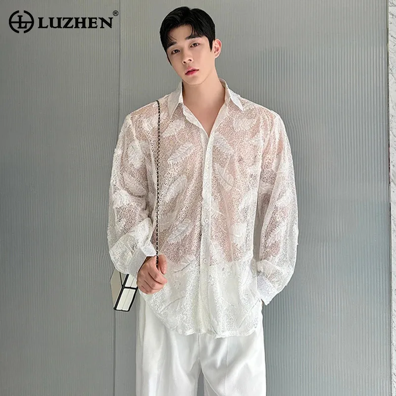 LUZHEN Shirt Embroidery Translucent Thin Fashion Elegant Sunscreen Handsome Blouses Long Sleeve Men Casual Tops Original LZ9188