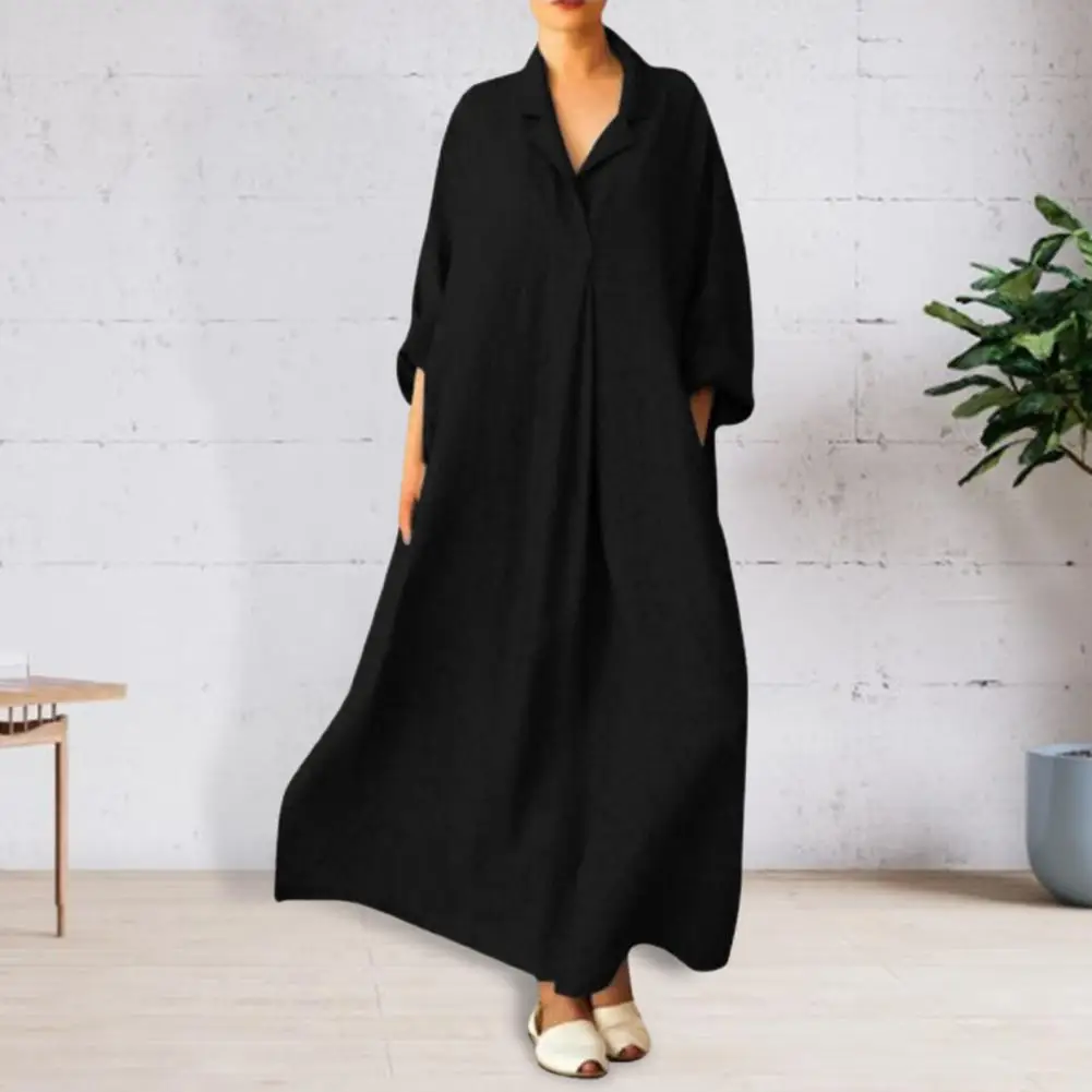 

Flowing Dress Flowing Long Dress Elegant V-neck Maxi Dress with Side Pockets for Women A-line Loose Hem Long Sleeves Autumn