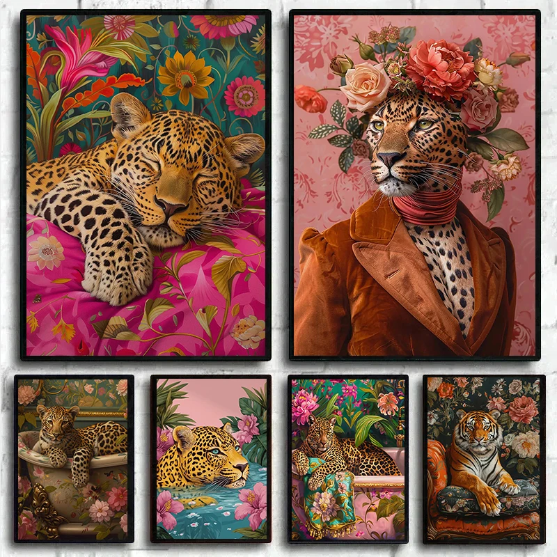 Vintage Floral Animal Head Aristocratic Portrait Leopard Duck Posters Prints Canvas Printing Wall Art Picture Living Room Decor