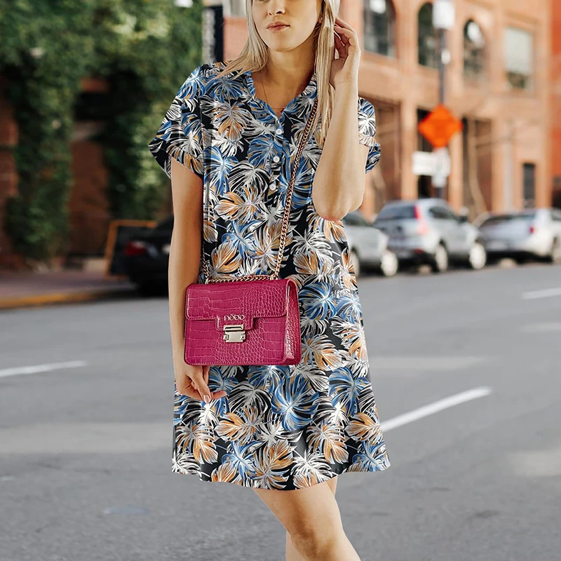 Women's Cotton Shirt Dresses Summer Casual Short Sleeve Beach Boho Floral Cover Up Sundress Loose Shift Polo Collar Midi Dresses