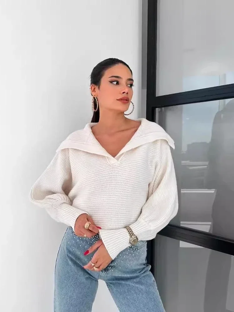2026 autumn and winter explosion lazy loose lantern sleeves open neck pullover women's short sweater