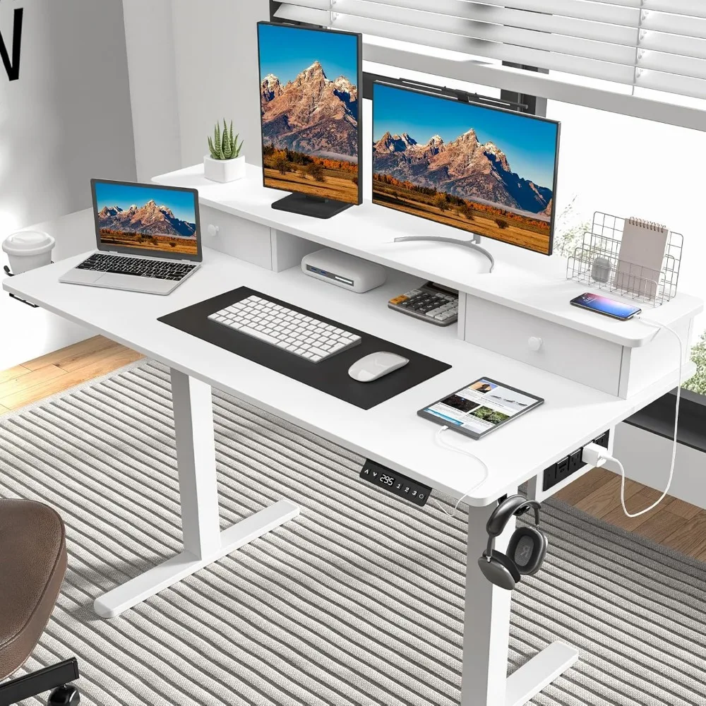 Electric Standing Desk Adjustable Height, LED Stand Up Desk with Drawers and Charging Station 48 Inch Ergonomic Sit Stand Table