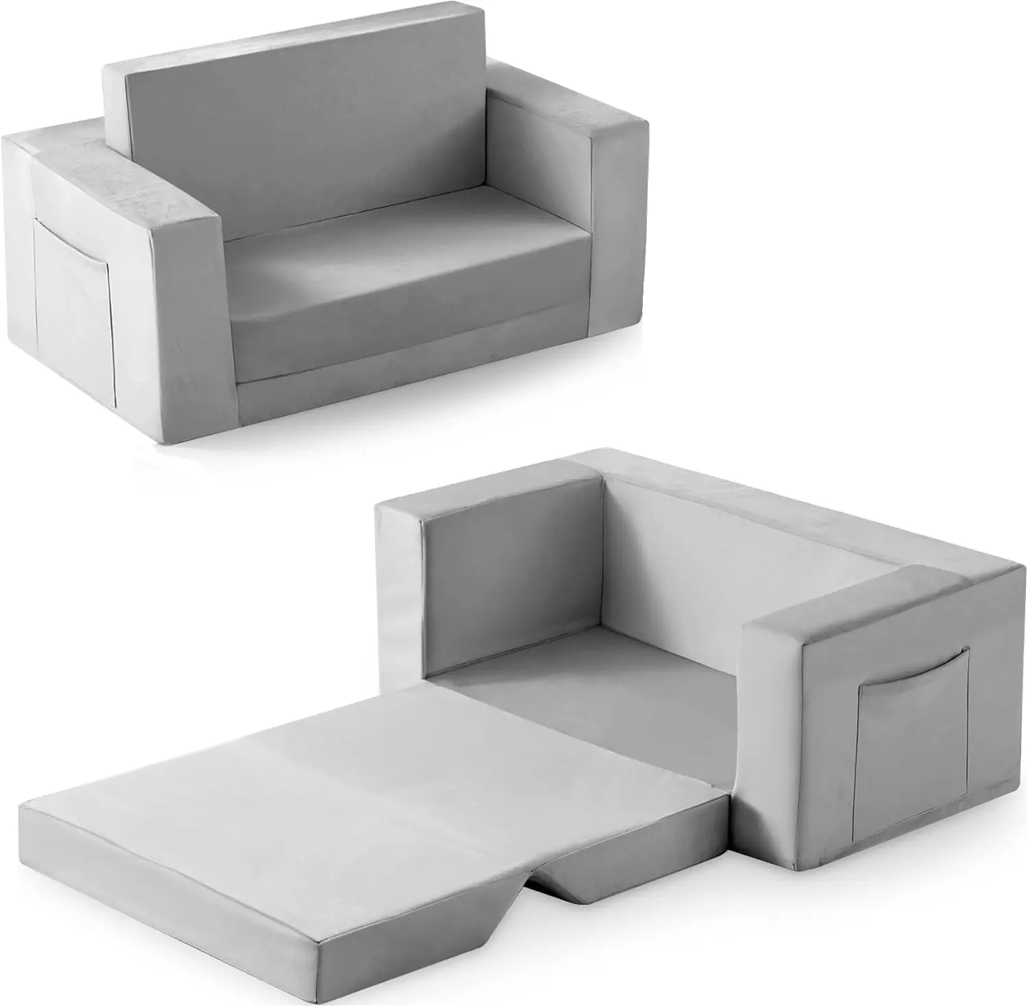 

2-in-1 Convertible Toddler Couch Chair, Soft Coral Fleece Kids Sofa for Boys Girls 1-3 Years, Foldable Grey