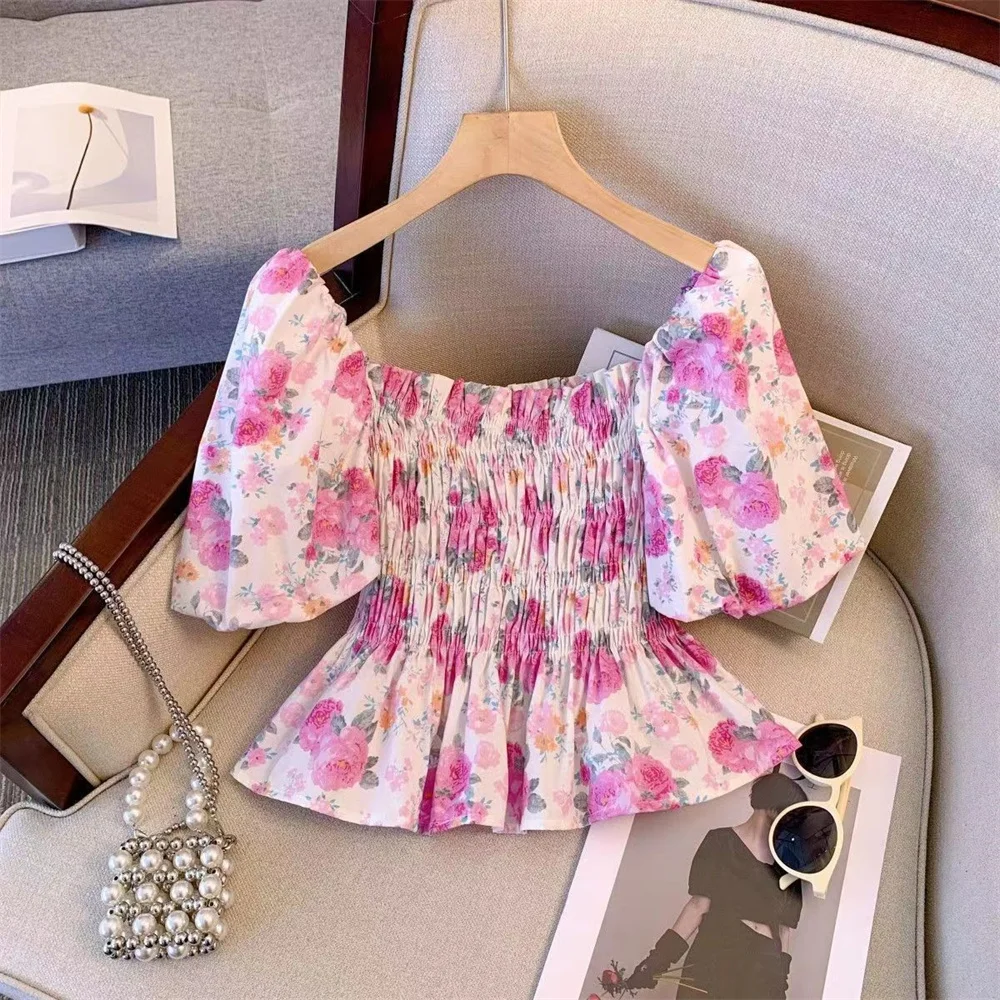 Summer Korean Printing Sweet Casual Off-shoulder Slash Neck Women Blouse Puff Sleeves Elastic Waist Slim Fit Pleated Crop Top