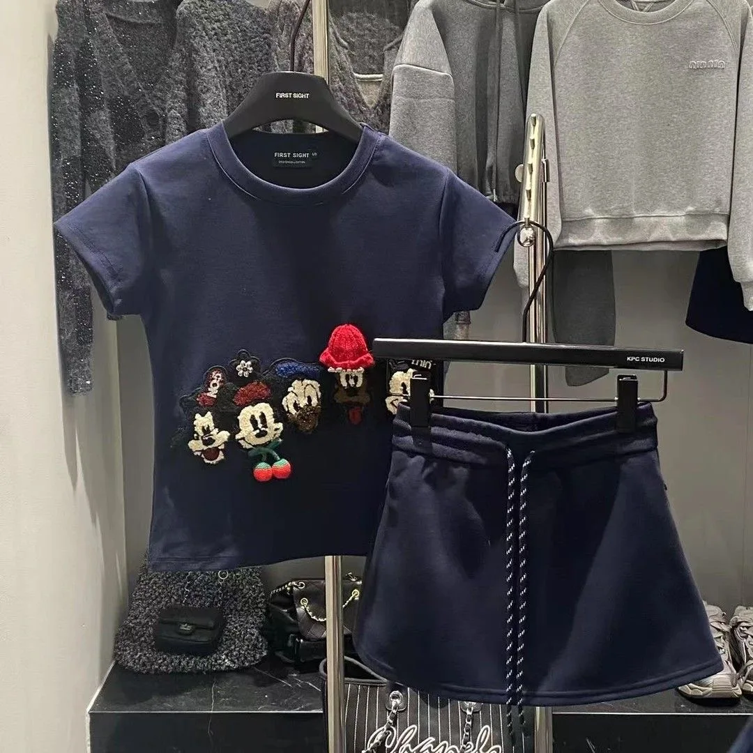 

Disney Микки 3D мультфильм полотенце вышитая футболка + шорты на шнурке комплект летний новый облегающий топ + короткая юбка для женщин