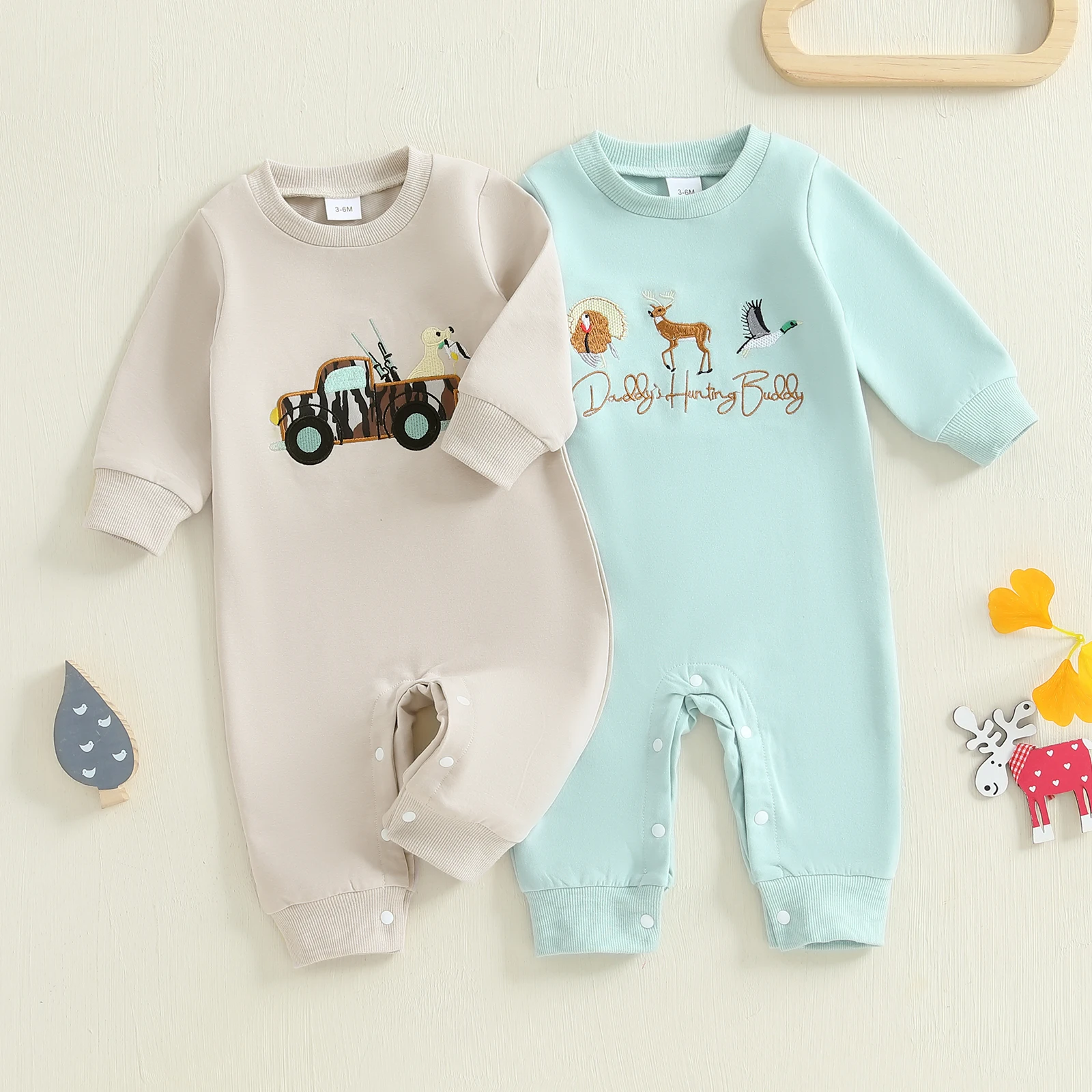 FOCUSNORM 0–18 Monate hübscher Baby-Jungen-Herbst-Strampler, lockere Passform, Tier-/LKW-Stickerei, Rundhalsausschnitt, langärmelig