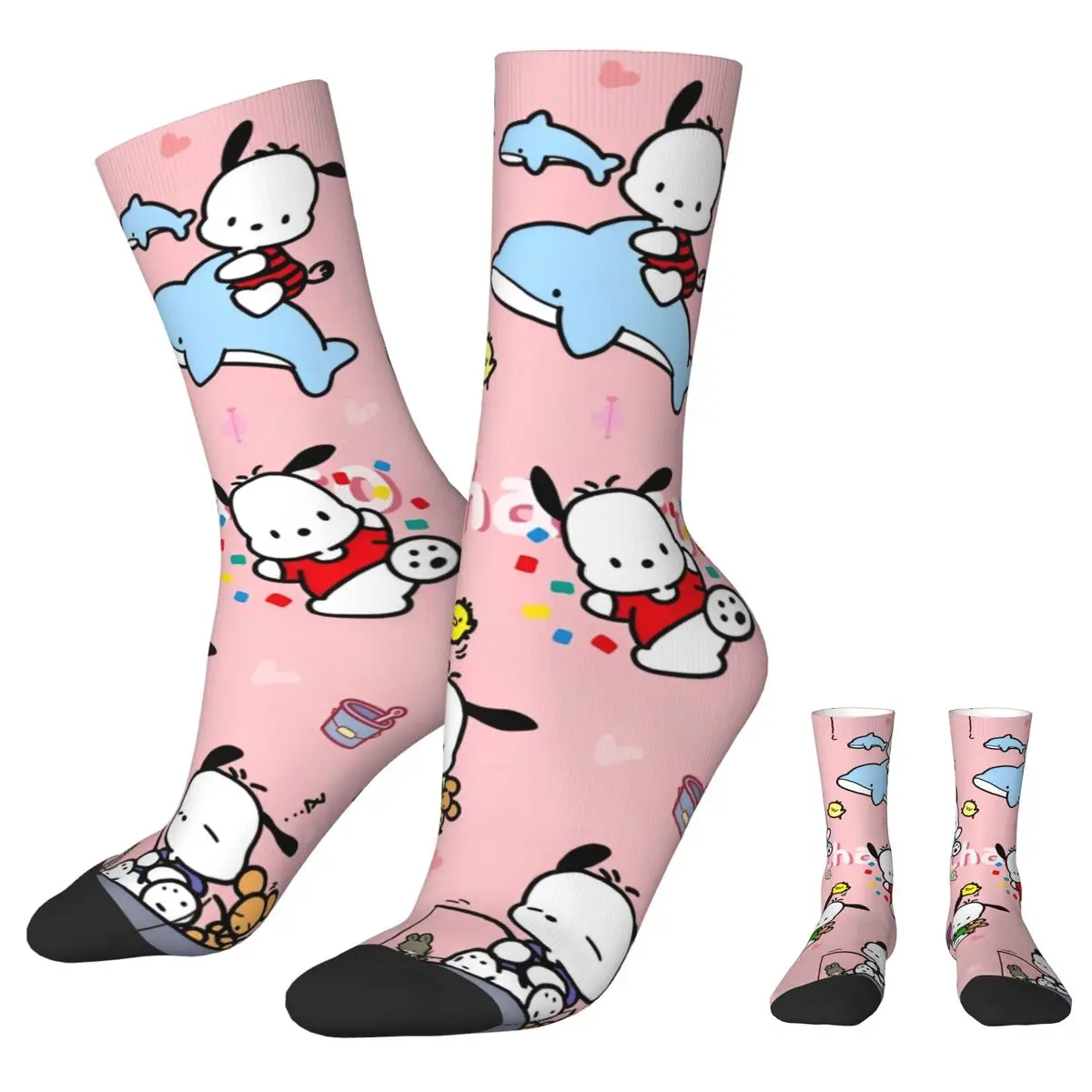 Colorful Pochacco Cartoon Cute Basketball Socks Japanese Anime Kawaii Polyester Crew Socks for Unisex