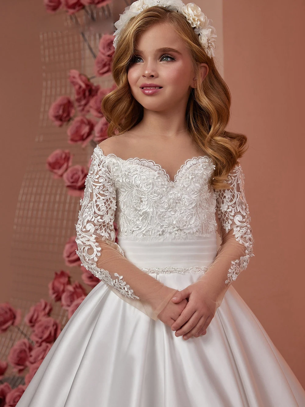 Vestido de satén de encaje blanco para niña, apliques con hombros descubiertos, vestido de fiesta de boda elegante para niños, vestido de baile de noche de cumpleaños